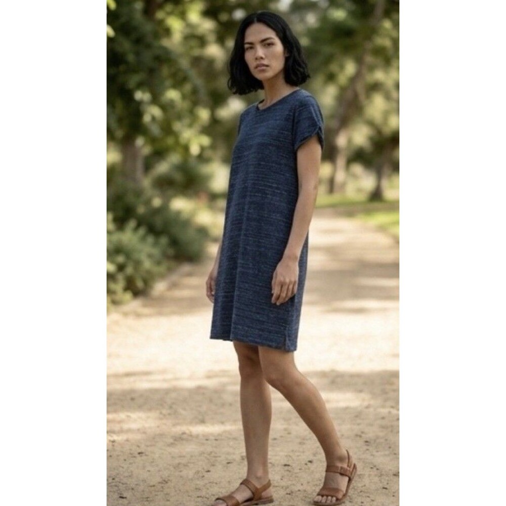 PACT MARITIME NAVY MELANGE 100% ORGANIC COTTON T-SHIRT DRESS ROLL SLEEVE Beach